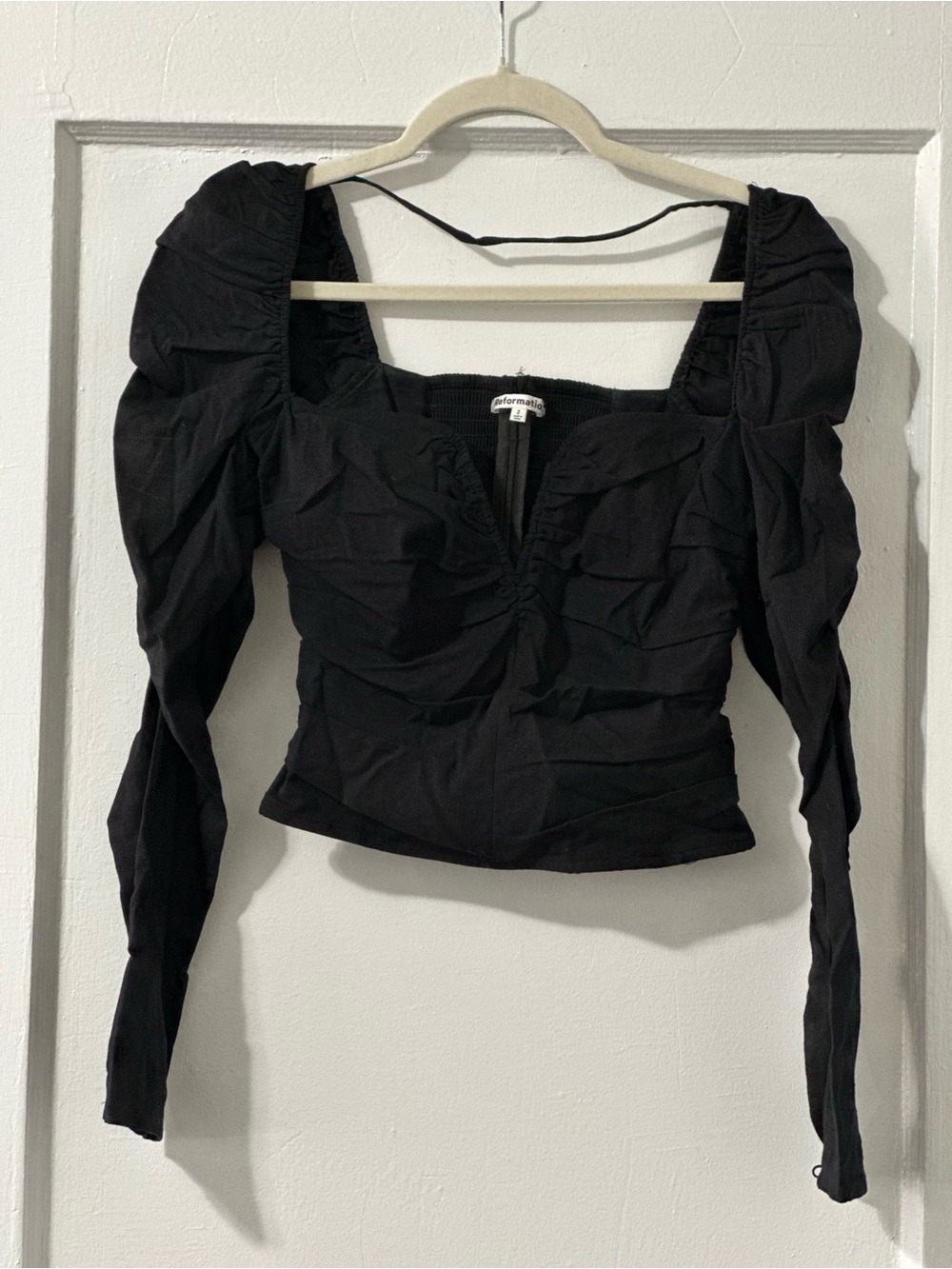 Reformation Black Ruched Puff-Sleeve Square Neck Top